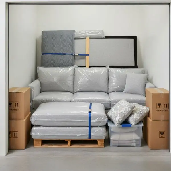 canapé rangé et bien emballé dans un box de stockage