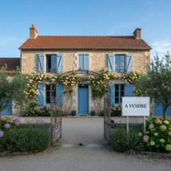 organiser vendre photo d'une maison avec un panneau à vendre
