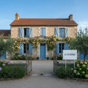 photo d'une maison avec un panneau à vendre