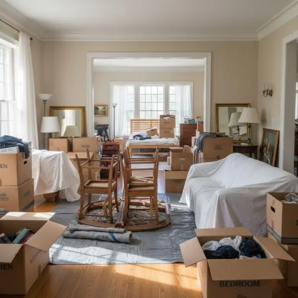 pièces avec des meubles et des cartons de déménagement