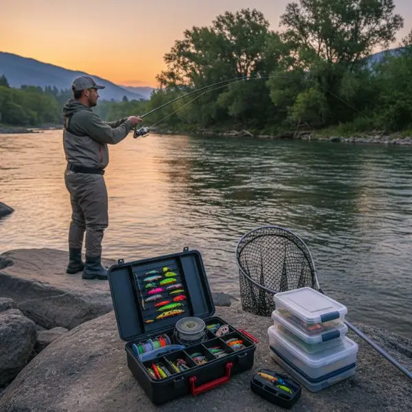 personne qui peche et matériel de pêche en premier plan