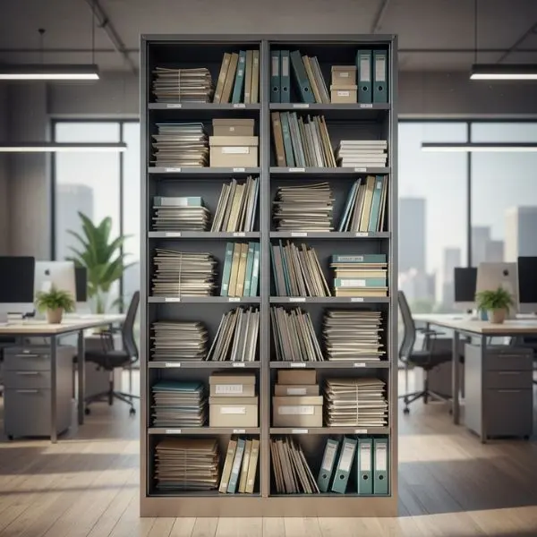 armoire remplit de documents et papiers dans un bureau