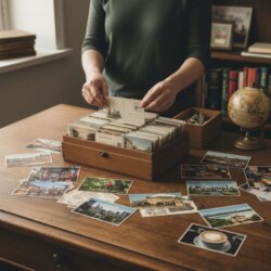 stockage cartes postales personne entrain de trier ses cartes postales