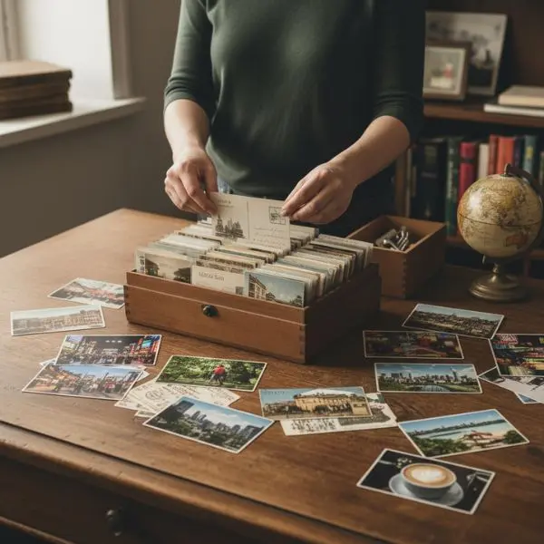 personne entrain de trier ses cartes postales