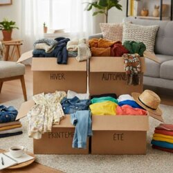 vêtements rangement saisonnier 4 cartons, un pour chaque saison avec les vêtements correspondant dedans