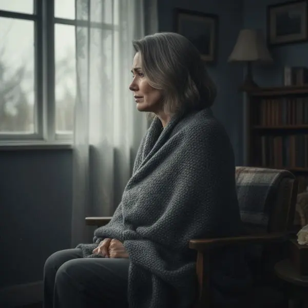 personne assise dans son salon entrain de faire son deuil