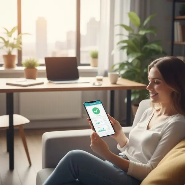 dame dans son salon entrain de regarder sa banque en ligne sur son téléphone