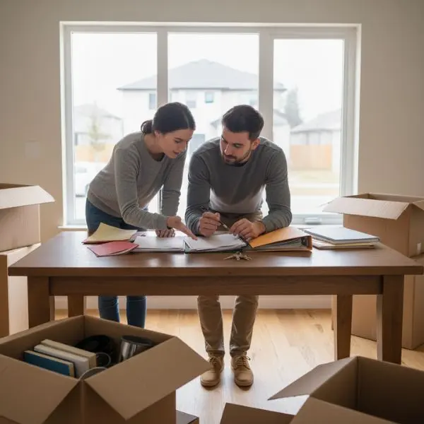 couple dans leur appartement en aménagement, entrain de regarder des papiers