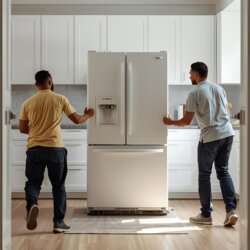 Déménageurs_Frigo Déménageurs qui déménagent un frigo dans la cuisine