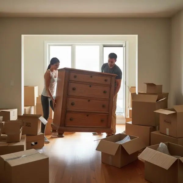 deux personnes entrain de porter un meuble lourd durant leur déménagement
