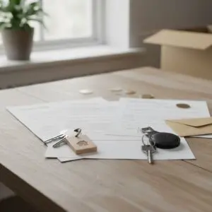 2 clés sur une table avec des papiers et des pièces