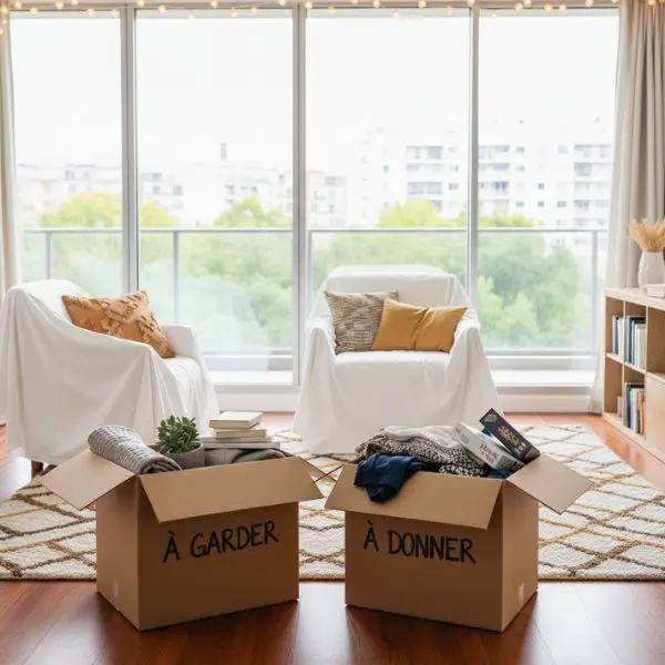 2 cartons "à garder" et "à donner" dans un salon