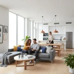 article sur la colocation, on voit 3 colocataires ensembles dans leur pièce de vie