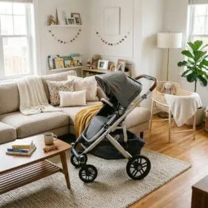 salon avec une poussette