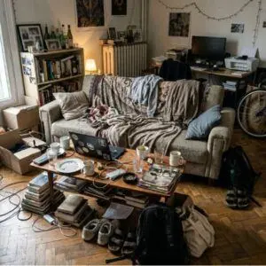 Salon avec des objets un peu partout, forte accumulation