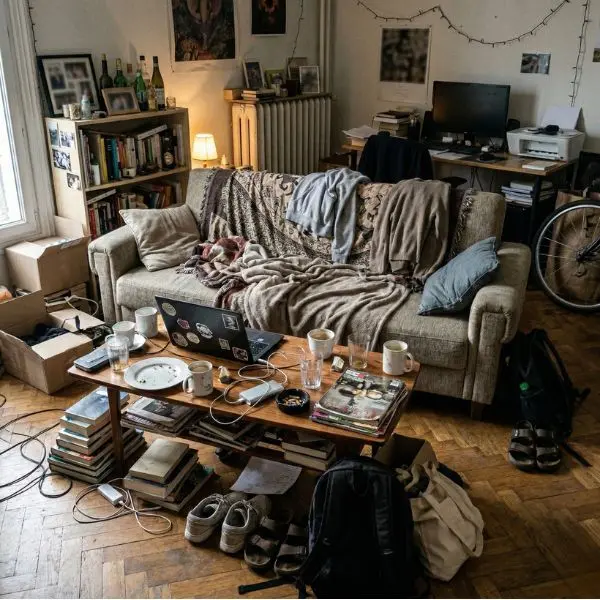 Salon avec des objets un peu partout, forte accumulation