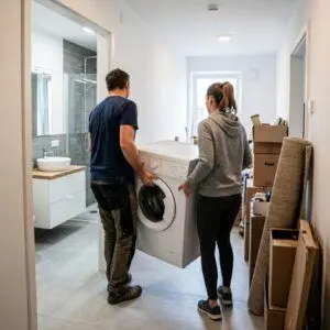 couple qui transporte leur machine à laver pendant leur déménagement