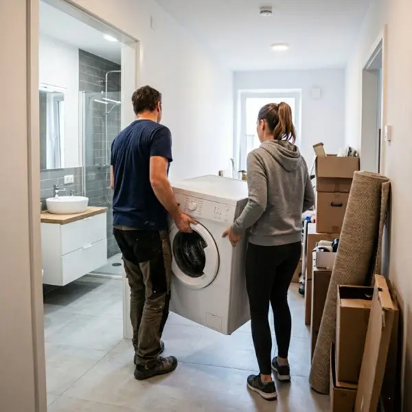 couple qui transporte leur machine à laver pendant leur déménagement