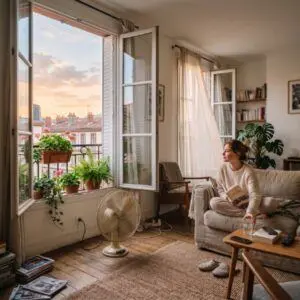 jeune fille assise sur son canapé regardant dehors. Les fenêtres sont ouvertes et elle a son ventilateur.