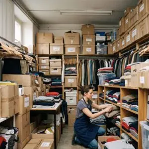 femme qui est dans son arrière boutique, il n'y presque plus de place